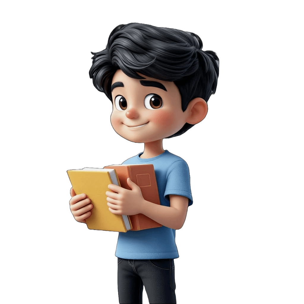 3D cartoon of a smiling boy holding books